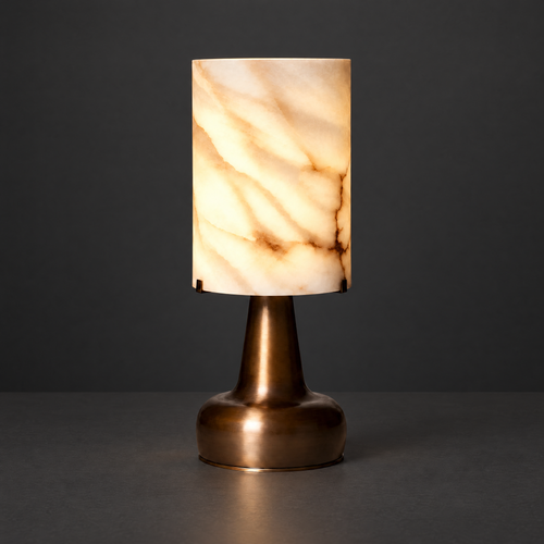 Alabaster Cylinder Table Lamp with Bronze Base on a dark charcoal grey studio backdrop