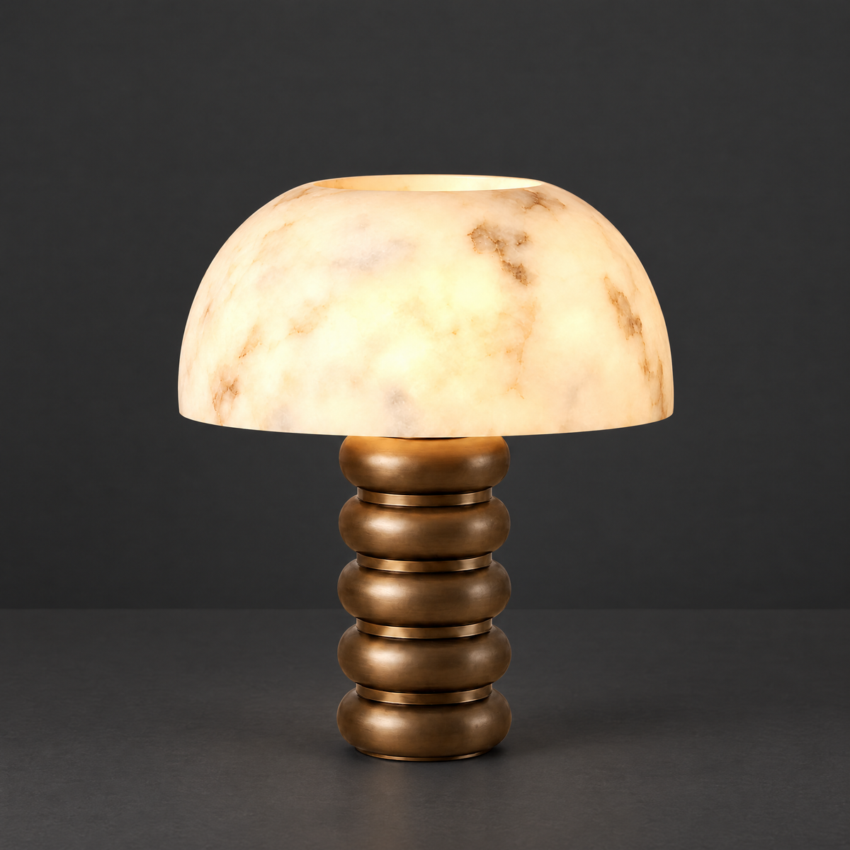 Alabaster Dome Table Lamp with Ringed Base on a dark charcoal grey studio backdrop