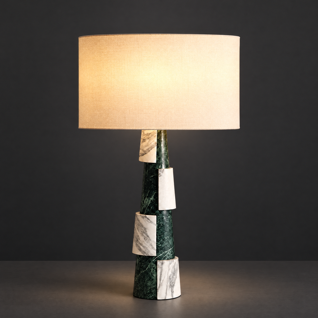 Green and White Marble Tiered Table Lamp on a dark charcoal grey studio backdrop