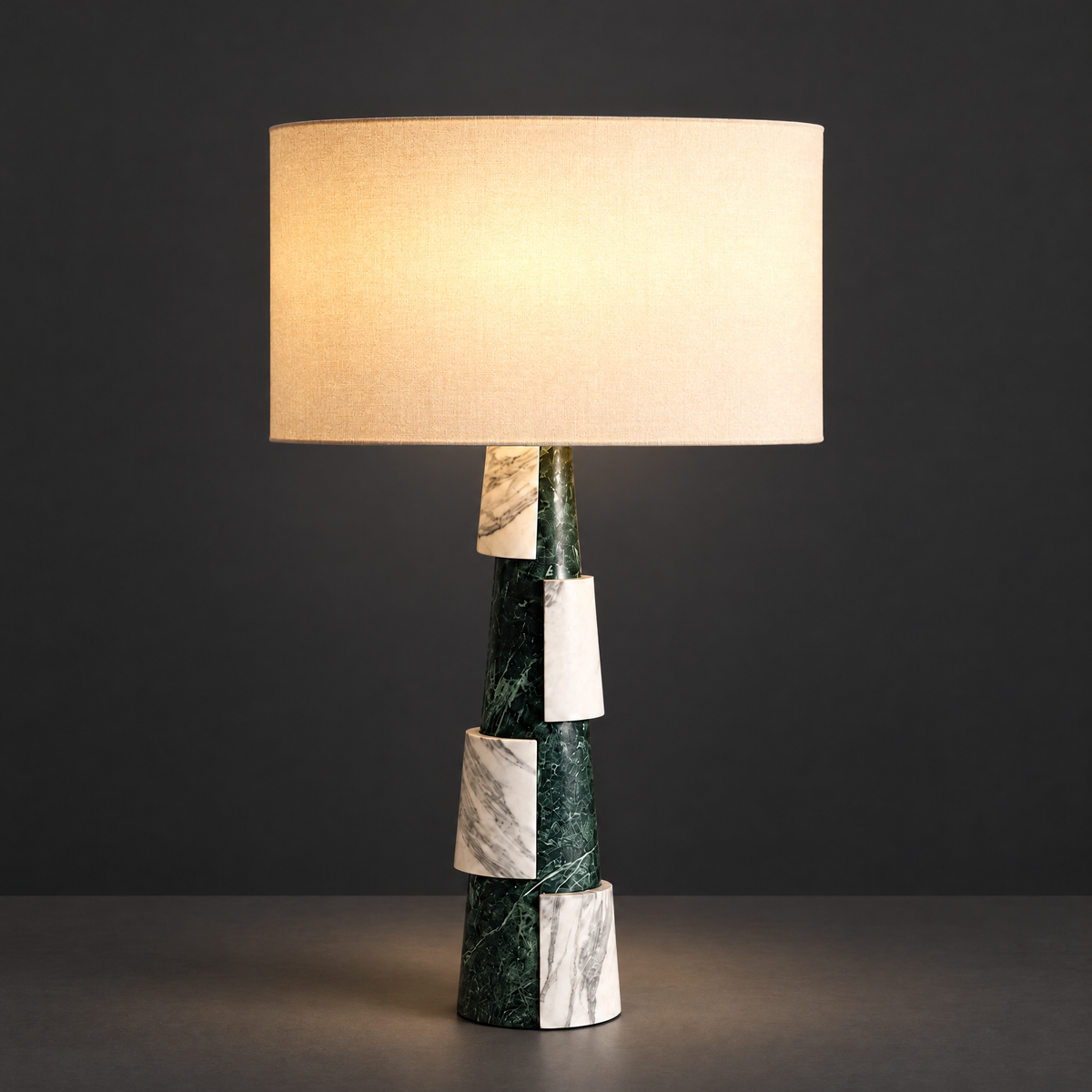 Green and White Marble Tiered Table Lamp on a dark charcoal grey studio backdrop