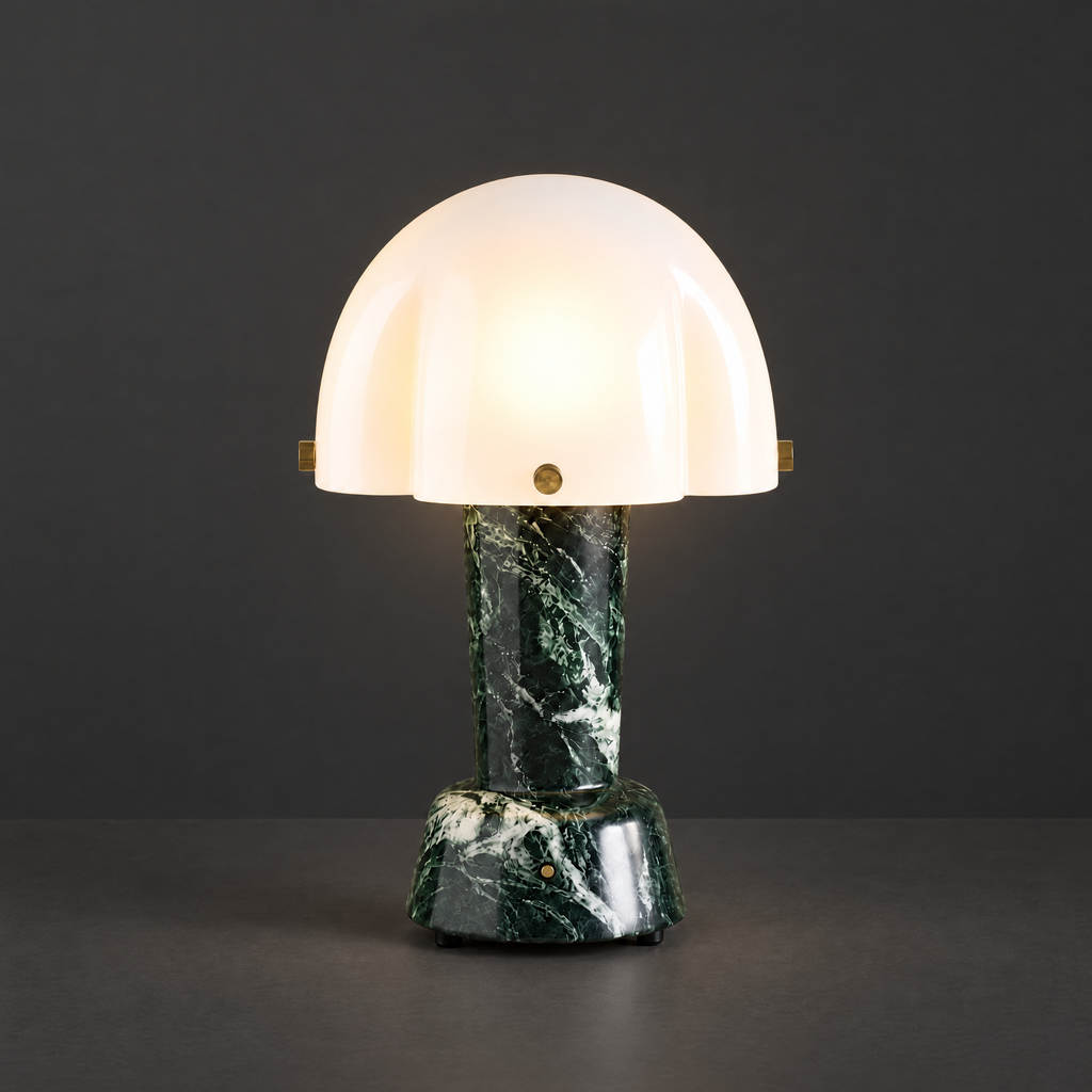 Green Marble Table Lamp with Glass Dome on a dark charcoal grey studio backdrop