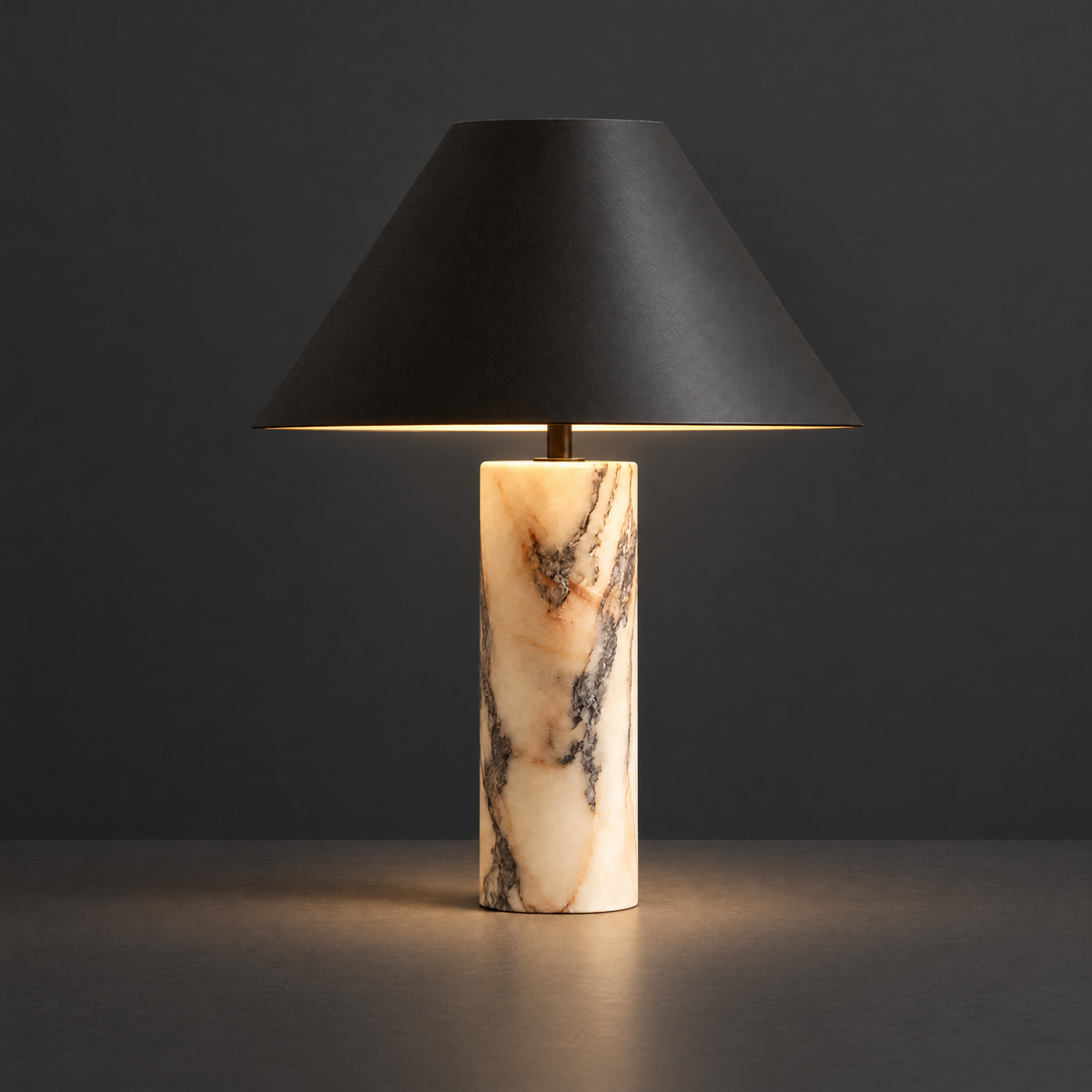 Marble Column Table Lamp with Black Cone Shade on a dark charcoal grey studio backdrop