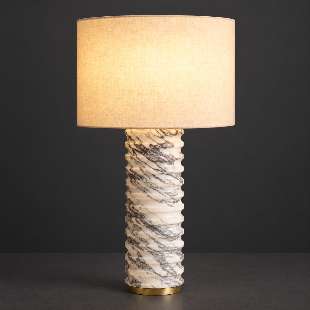 Ribbed Marble Table Lamp with Ivory Shade on a dark charcoal grey studio backdrop