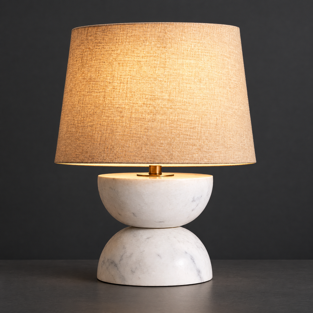 White Marble Table Lamp with Linen Shade on a dark charcoal grey studio backdrop