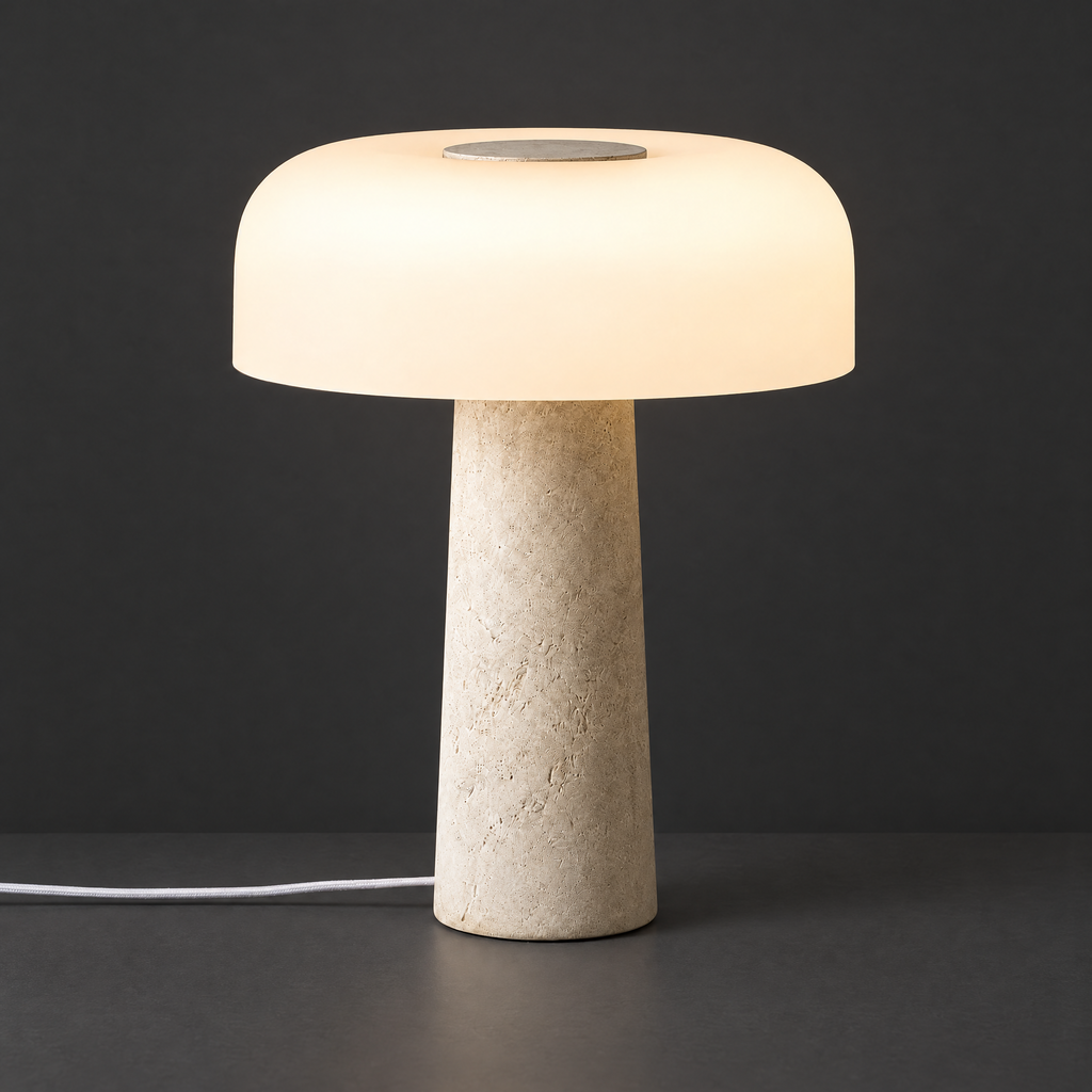 Travertine Table Lamp with Frosted Dome Shade on a dark charcoal grey studio backdrop
