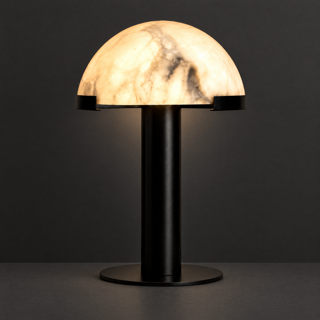 Alabaster Dome Table Lamp with Black Column on a dark charcoal grey studio backdrop