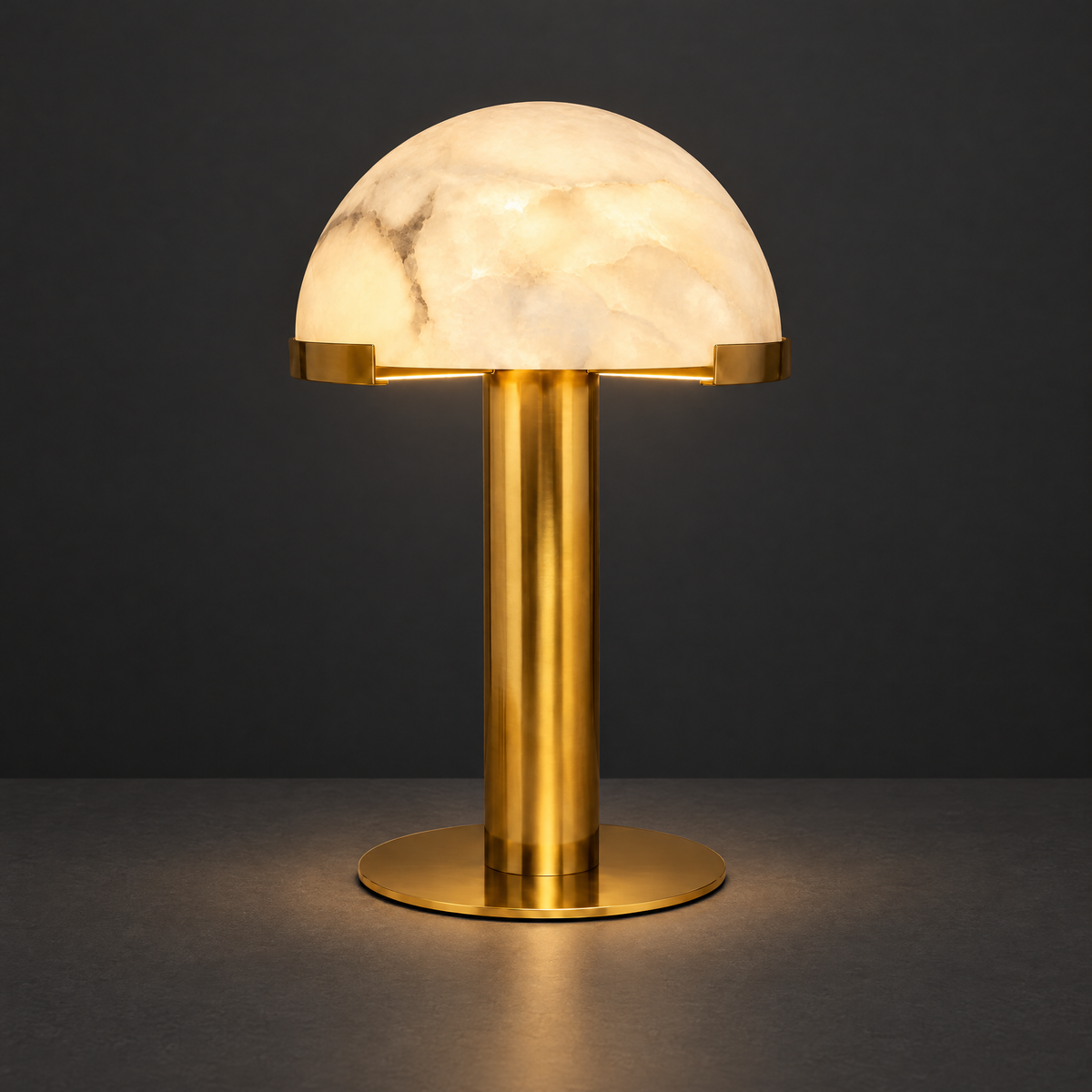 Alabaster Dome Table Lamp with Brass Column on a dark charcoal grey studio backdrop