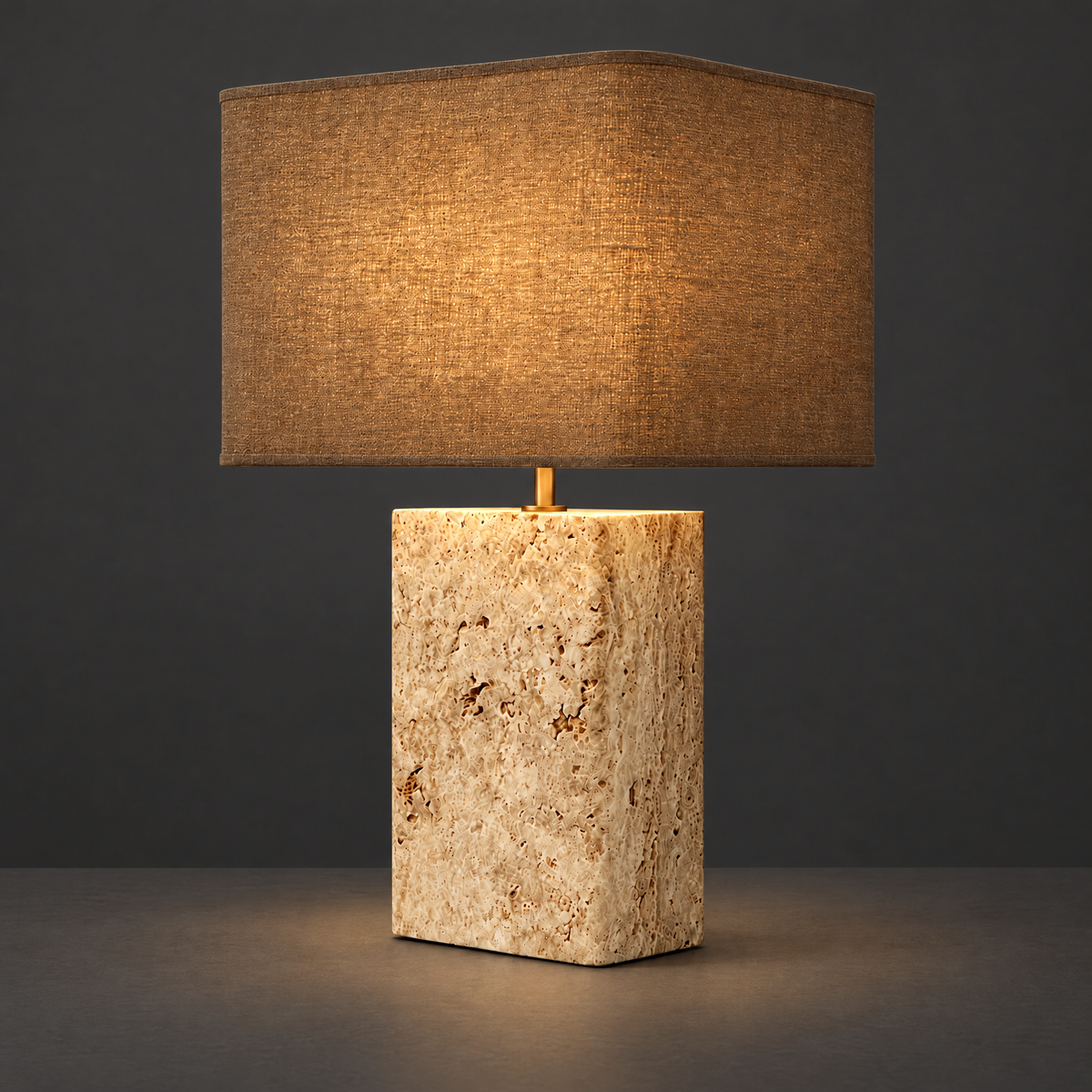 Travertine Table Lamp with Square Fabric Shade on a dark charcoal grey studio backdrop