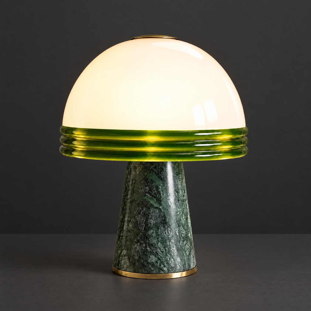 Green Marble Mushroom Table Lamp on a dark charcoal grey studio backdrop