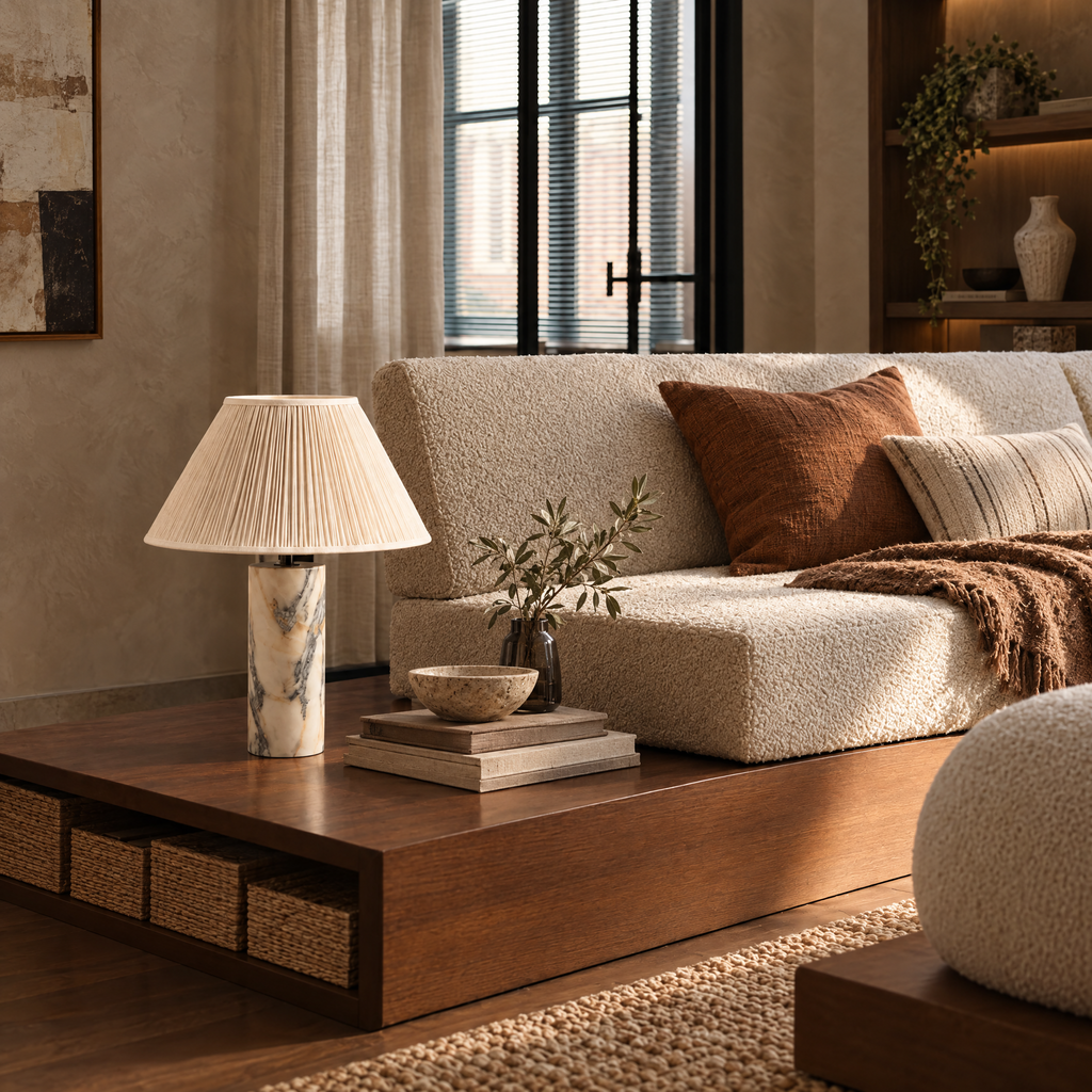 Grey Marble Table Lamp with Pleated Shade in a styled room setting