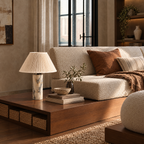 Grey Marble Table Lamp with Pleated Shade in a styled room setting
