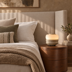 Stone Base Table Lamp with Frosted Glass Drum in a styled room setting