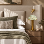 Green Onyx Dome Table Lamp with Brass Base in a styled room setting