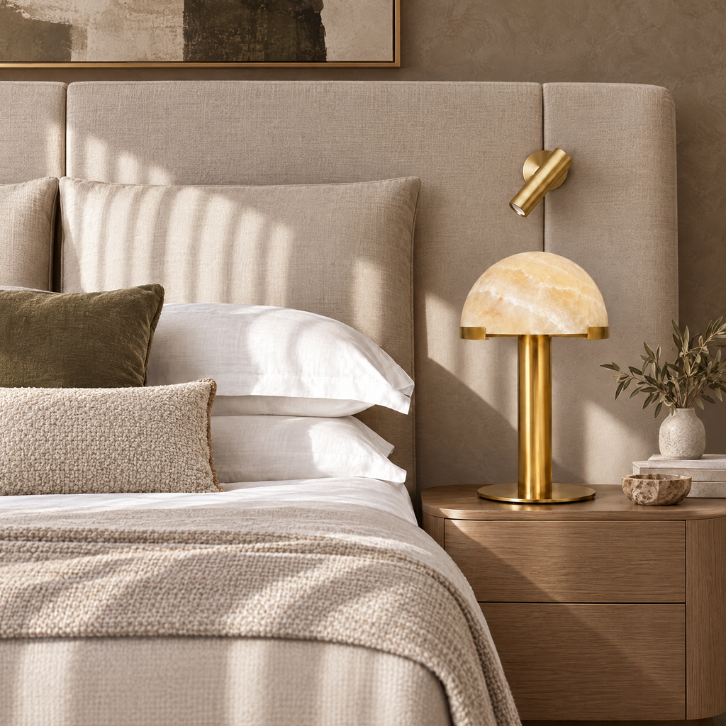 Honey Onyx Dome Table Lamp with Brass Stem in a styled room setting