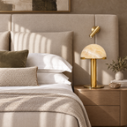 Honey Onyx Dome Table Lamp with Brass Stem in a styled room setting