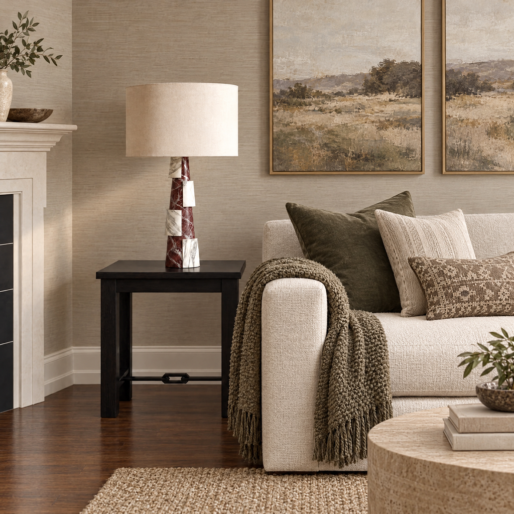 Burgundy and White Marble Tiered Table Lamp in a styled room setting