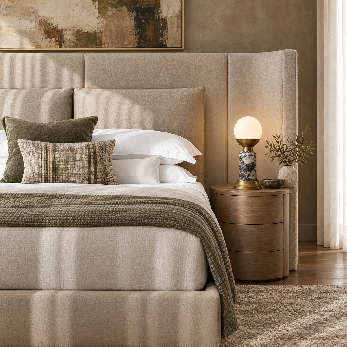 Grey Marble Table Lamp with Opaline Globe in a styled room setting