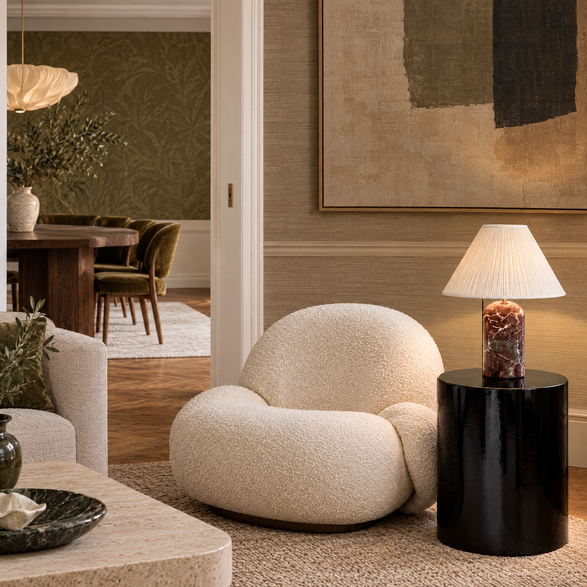 Red Marble Table Lamp with Pleated Shade in a styled room setting