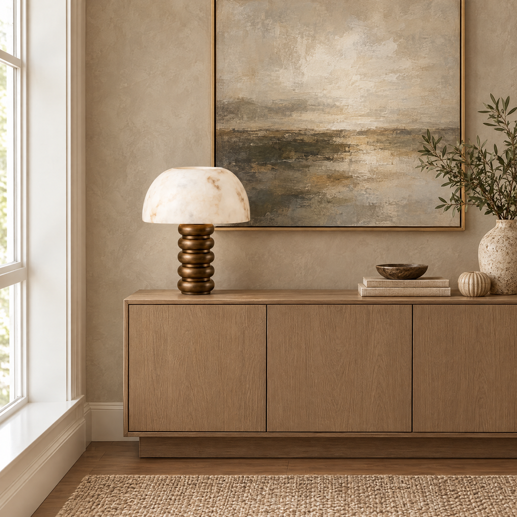 Alabaster Dome Table Lamp with Ringed Base in a styled room setting