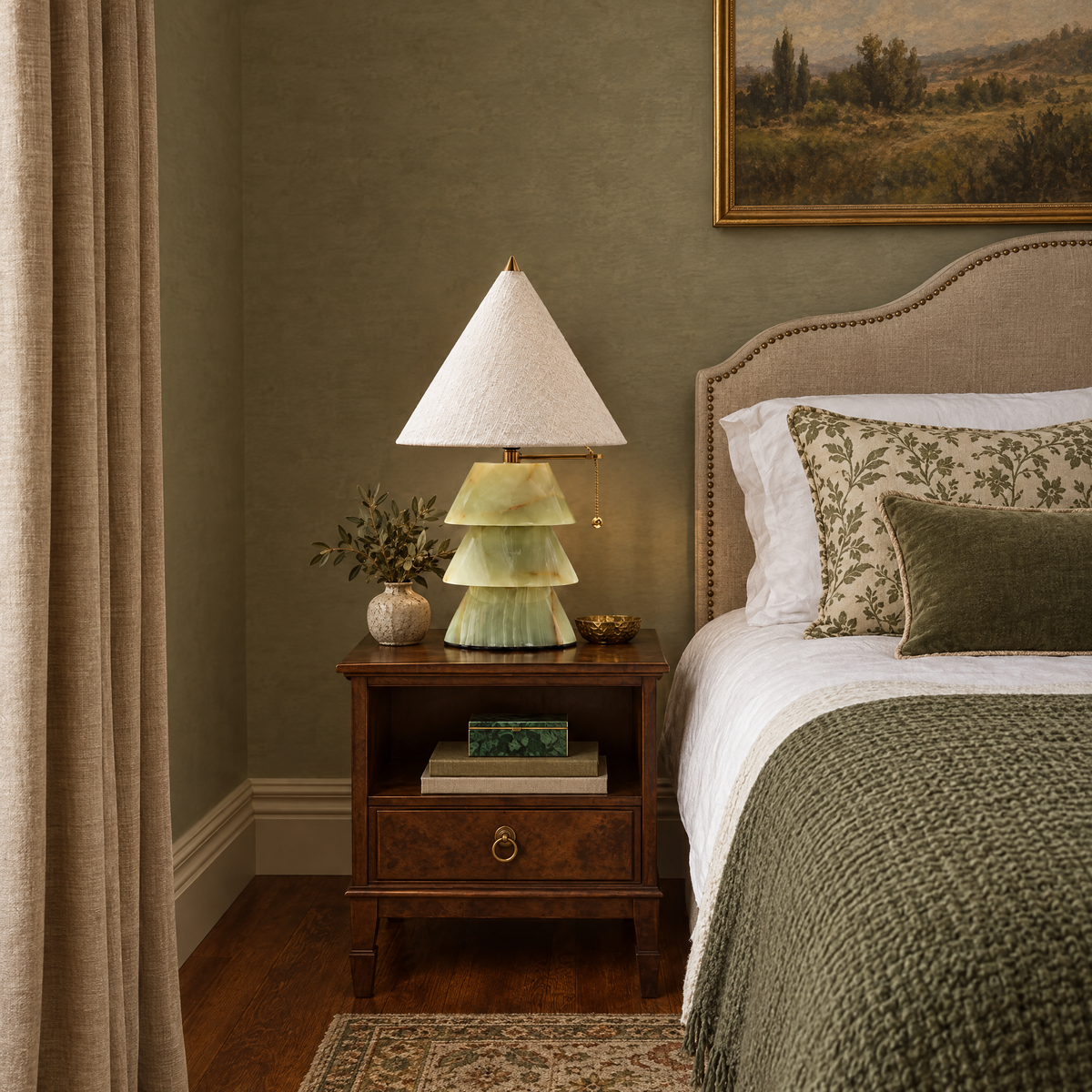 Tiered Green Onyx Pagoda Table Lamp in a styled room setting