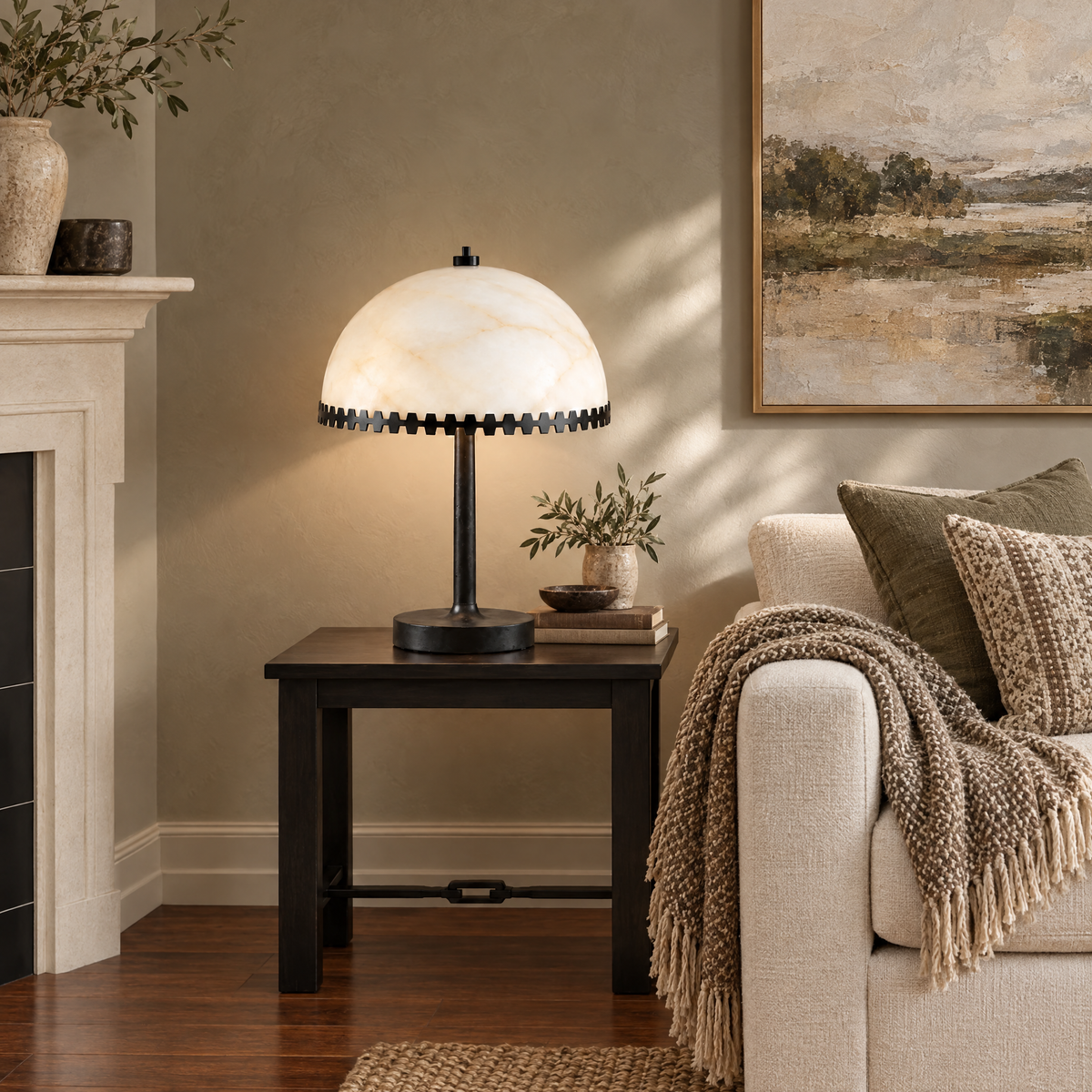 Alabaster Dome Table Lamp with Scalloped Steel Trim in a styled room setting