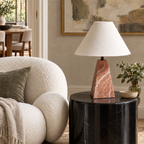 Red Marble Tapered Table Lamp with Fabric Shade in a styled room setting