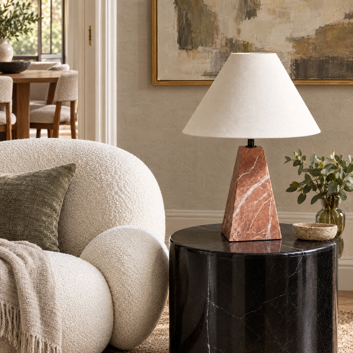 Red Marble Tapered Table Lamp with Fabric Shade in a styled room setting