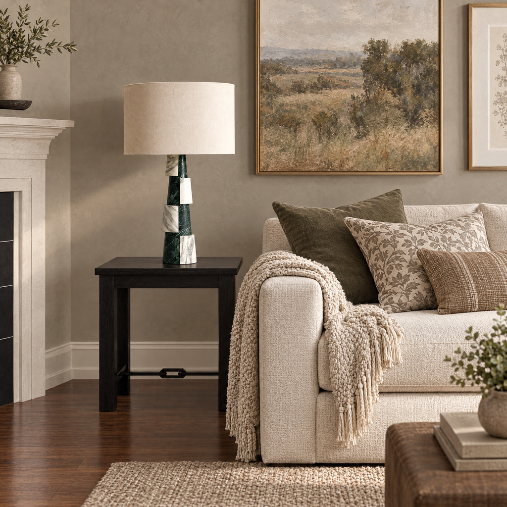 Green and White Marble Tiered Table Lamp in a styled room setting