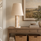 Travertine Block Table Lamp with Textured Shade in a styled room setting