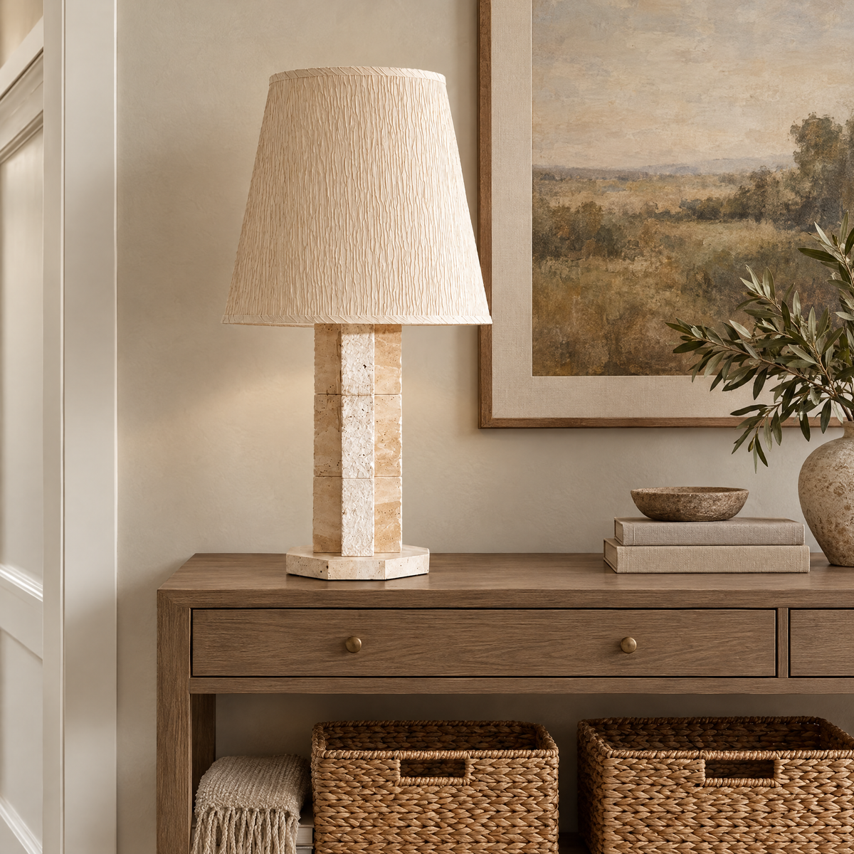 Travertine Block Table Lamp with Textured Shade in a styled room setting