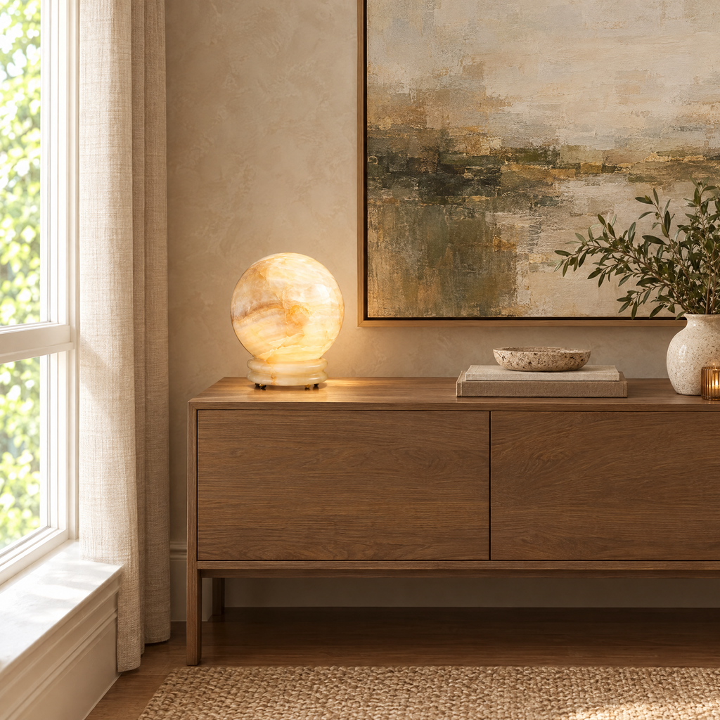 Onyx Globe Table Lamp with Brass Detailing in a styled room setting