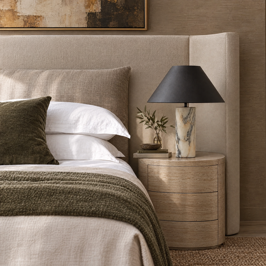 Marble Column Table Lamp with Black Cone Shade in a styled room setting