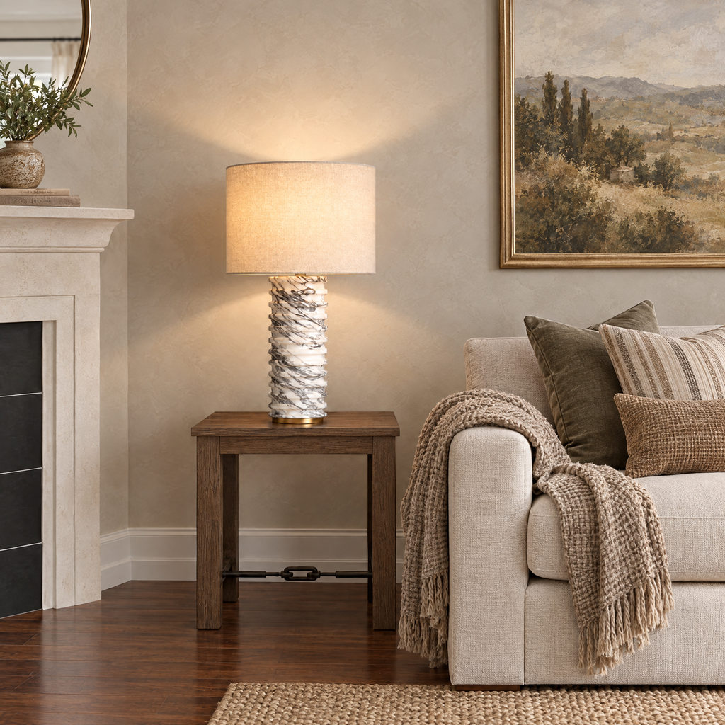 Ribbed Marble Table Lamp with Ivory Shade in a styled room setting