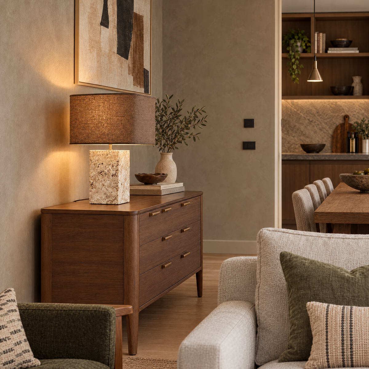 Travertine Table Lamp with Square Fabric Shade in a styled room setting