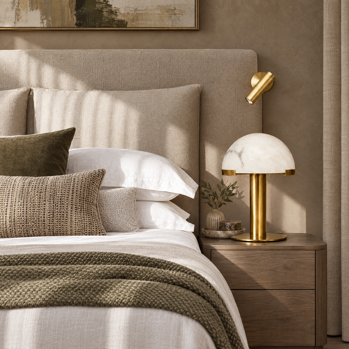 Alabaster Dome Table Lamp with Brass Column in a styled room setting