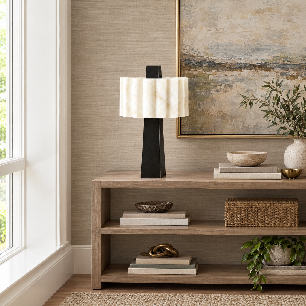Fluted Alabaster Table Lamp with Black Base in a styled room setting