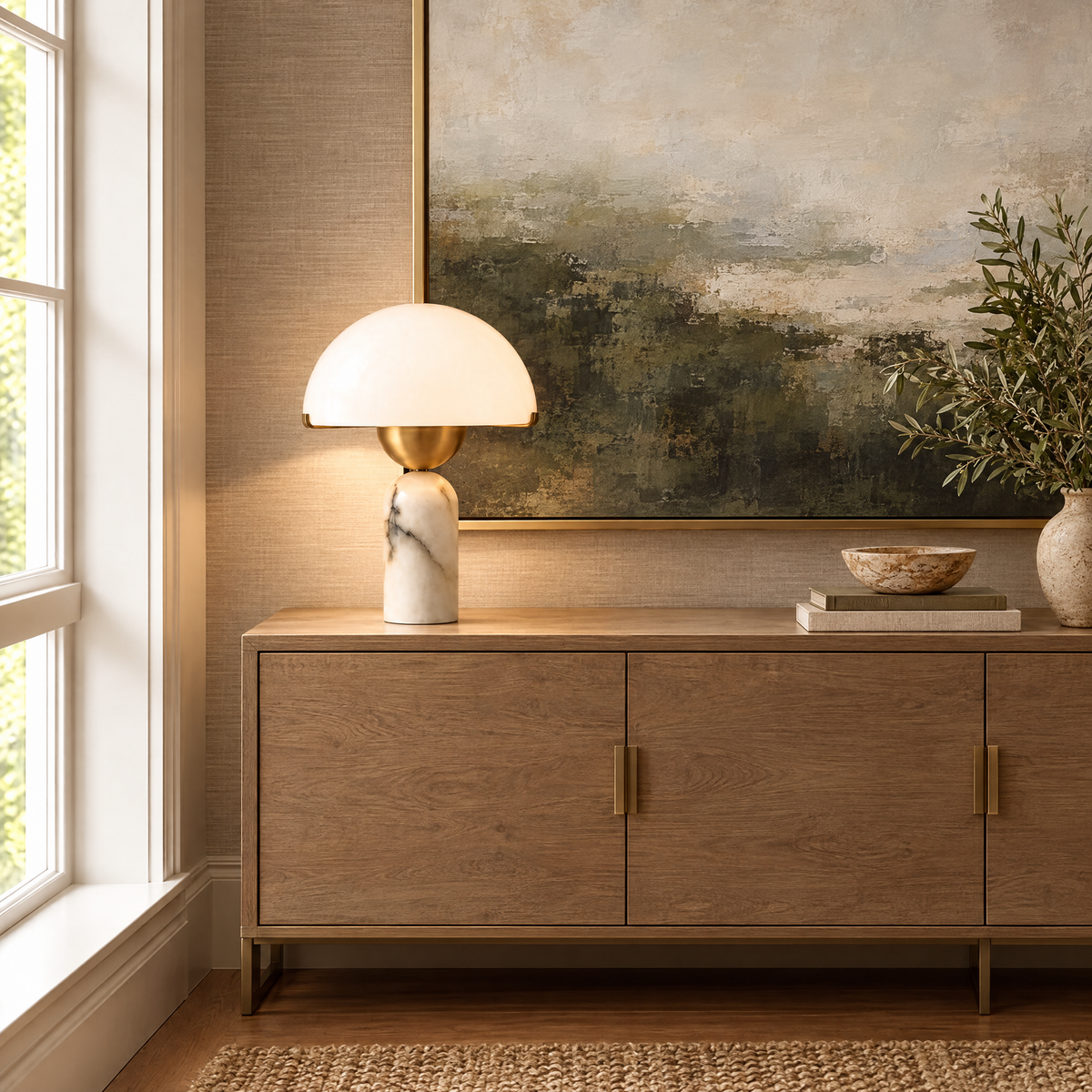 Marble Table Lamp with Brass Stem and Half-Dome Shade in a styled room setting