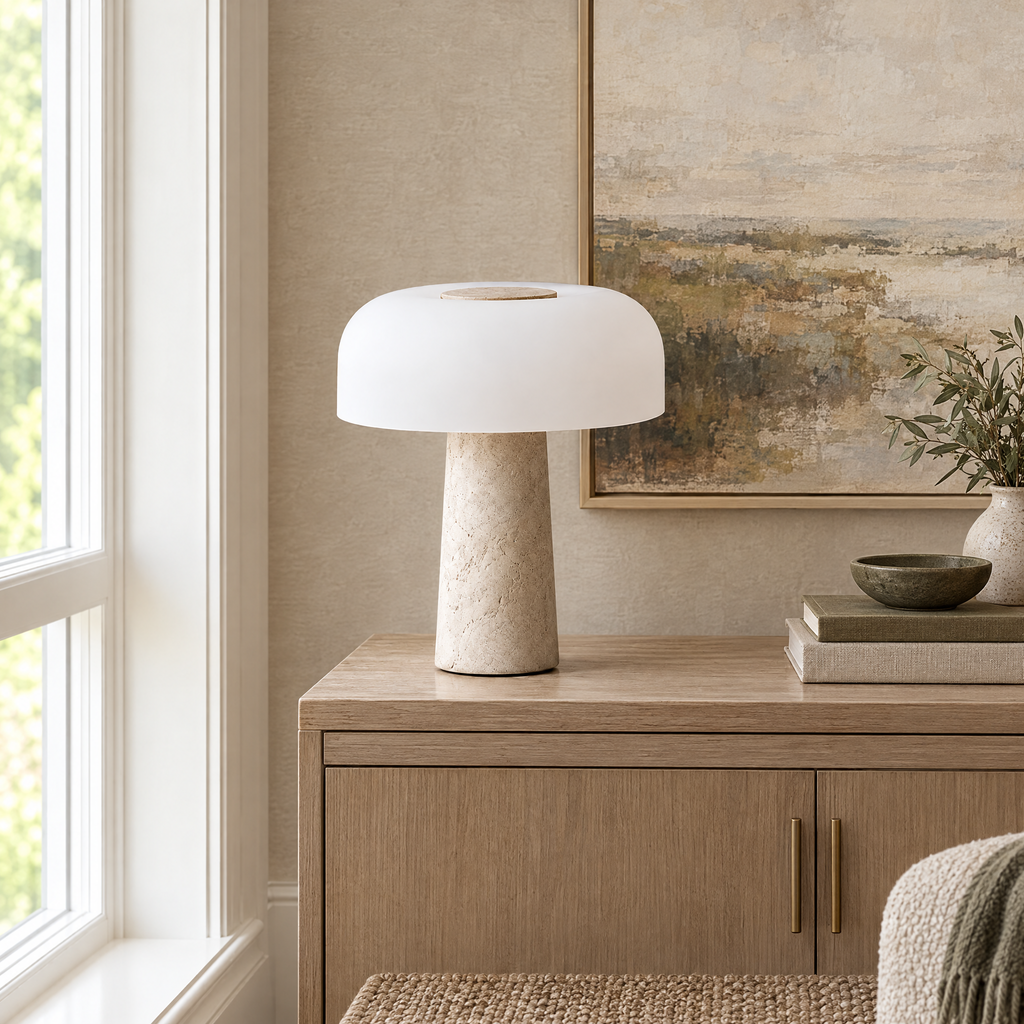 Travertine Table Lamp with Frosted Dome Shade in a styled room setting