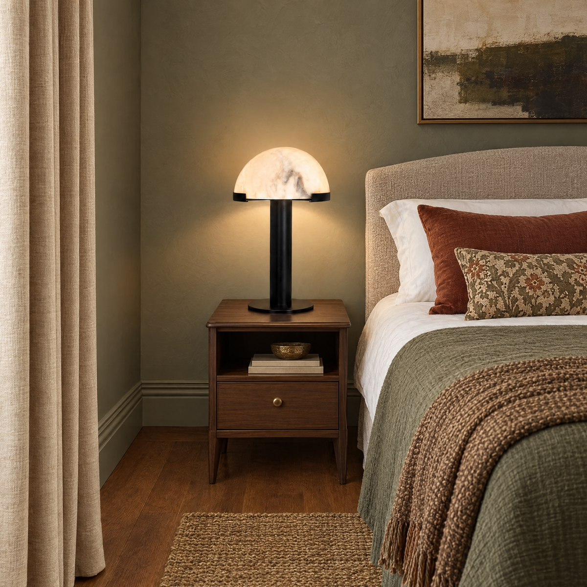 Alabaster Dome Table Lamp with Black Column in a styled room setting