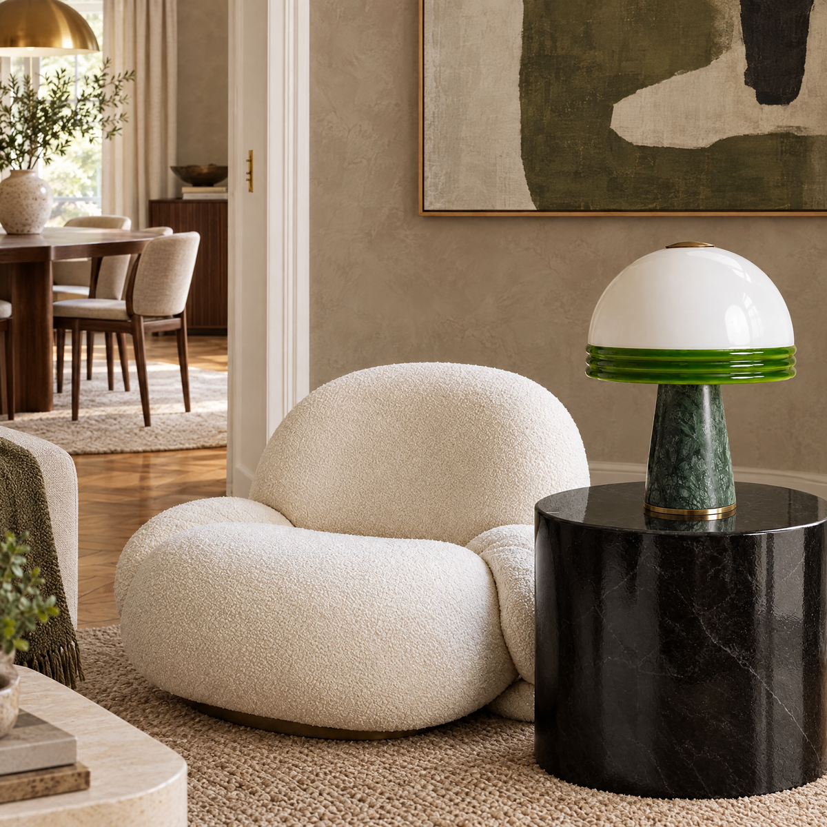 Green Marble Mushroom Table Lamp in a styled room setting