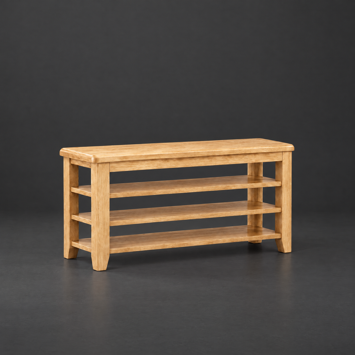 Solid Wood 3-Tier Shoe Bench on a dark charcoal grey studio backdrop