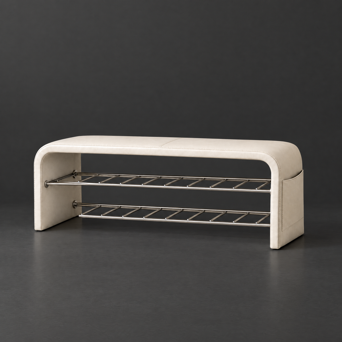 Cushioned Scandinavian Shoe Bench on a dark charcoal grey studio backdrop