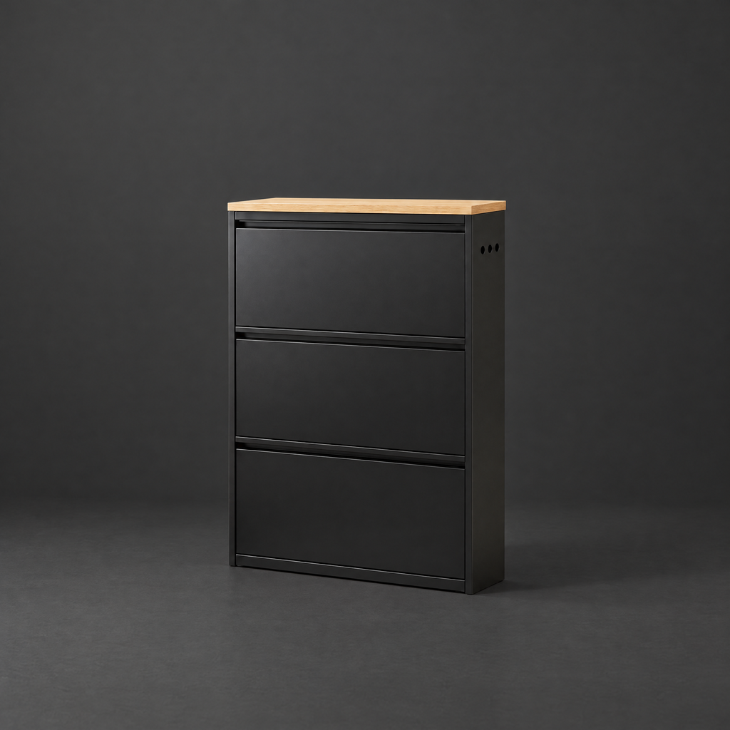 Steel Shoe Storage Cabinet on a dark charcoal grey studio backdrop