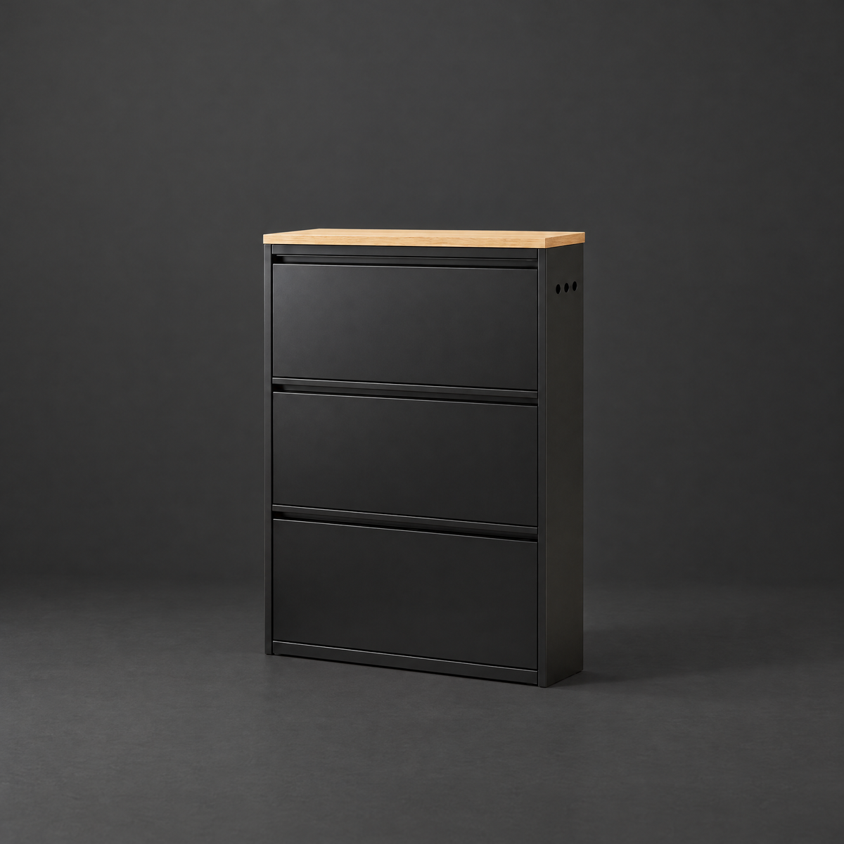Steel Shoe Storage Cabinet on a dark charcoal grey studio backdrop