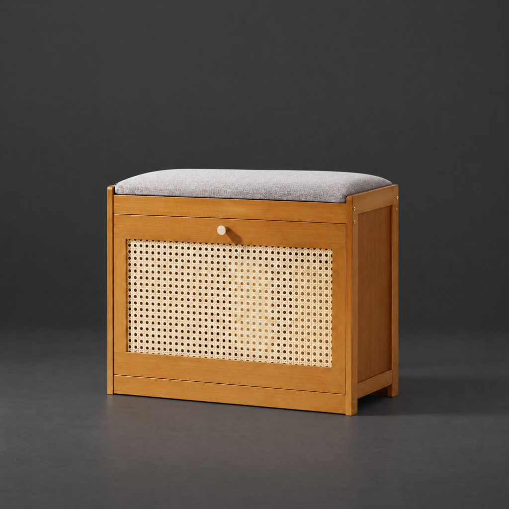 Bamboo Shoe Bench with Cushioned Seat on a dark charcoal grey studio backdrop