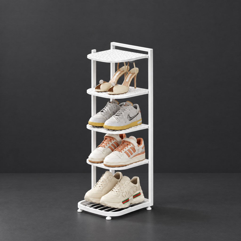 Shoe Rack with 5 to 10 Tiers on a dark charcoal grey studio backdrop