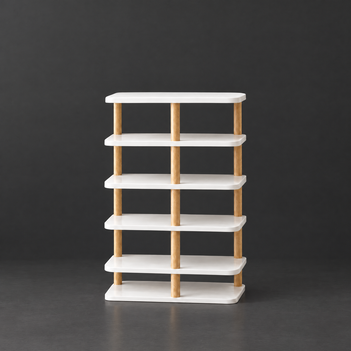 Minimalist PVC and Wood Shoe Rack on a dark charcoal grey studio backdrop
