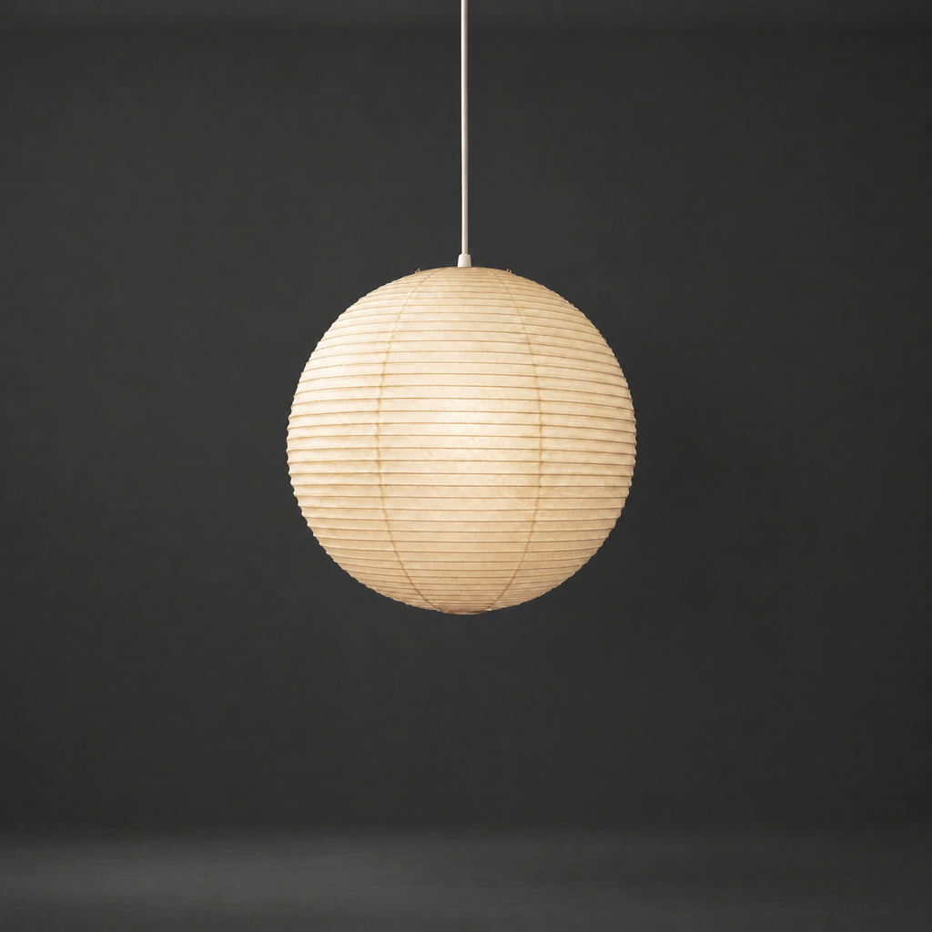 Sculptural Rice Paper Pendant Light on a dark charcoal grey studio backdrop