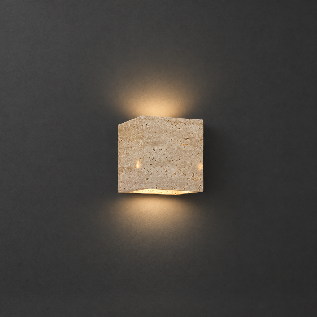Travertine Wall Sconce for Indoor and Outdoor on a dark charcoal grey studio backdrop