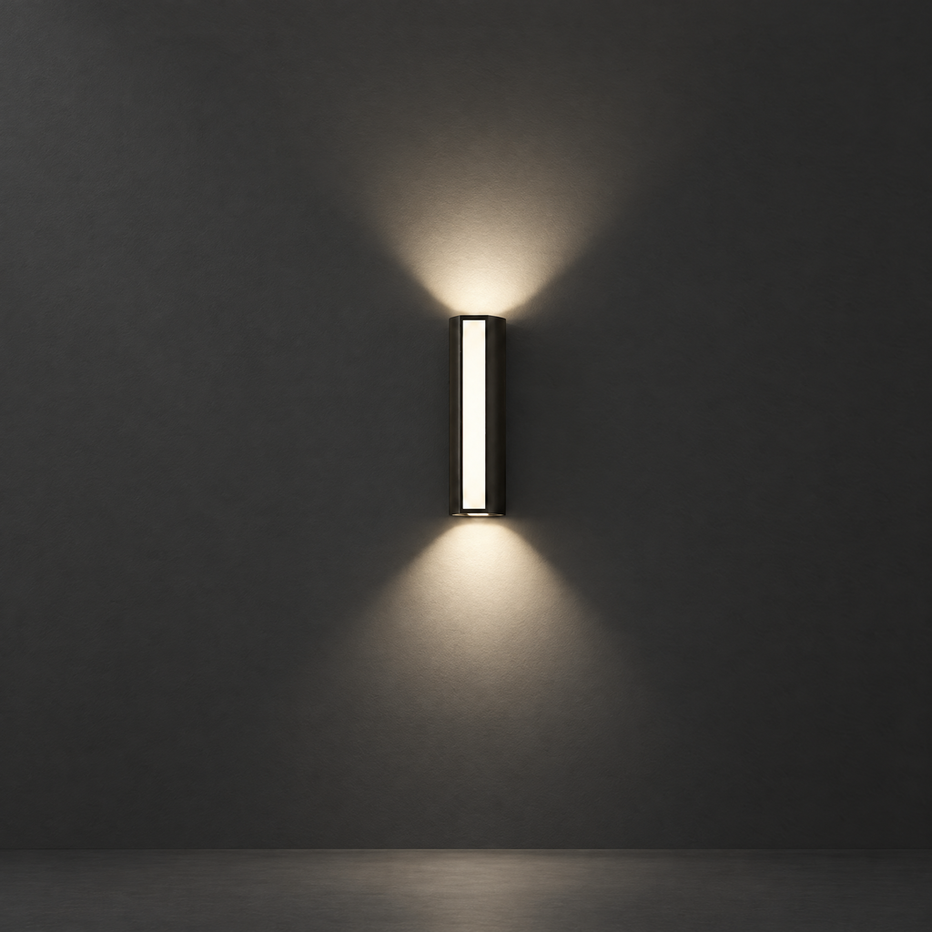 Bright LED Outdoor Wall Sconce on a dark charcoal grey studio backdrop